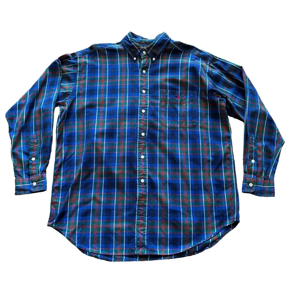 Ralph Lauren Blaire Mens Large Blue Green Red Plaid Button Down‎ Cotton Shirt